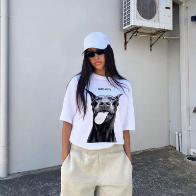 Tricou Oversize Women CUTE DOBERMAN White